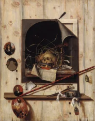 Trampantojo con pared de estudio y naturaleza muerta de vanitas